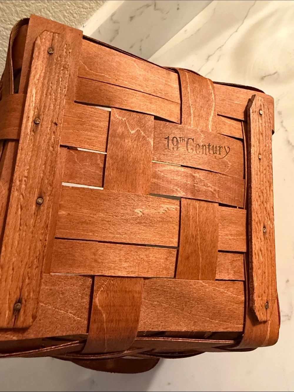Vintage 19th Century Handwoven Wooden Basket with Leather Handles Signed